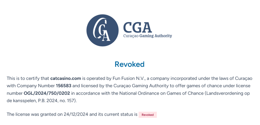 Cat Casino Curacao License Revoked